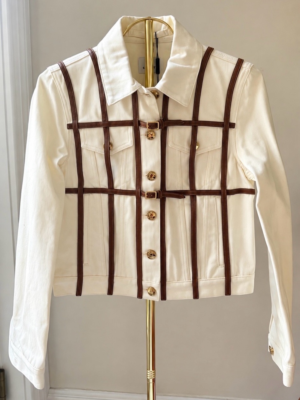 Burberry Women’s Cream Jacket with Brown Trim - Designer Style